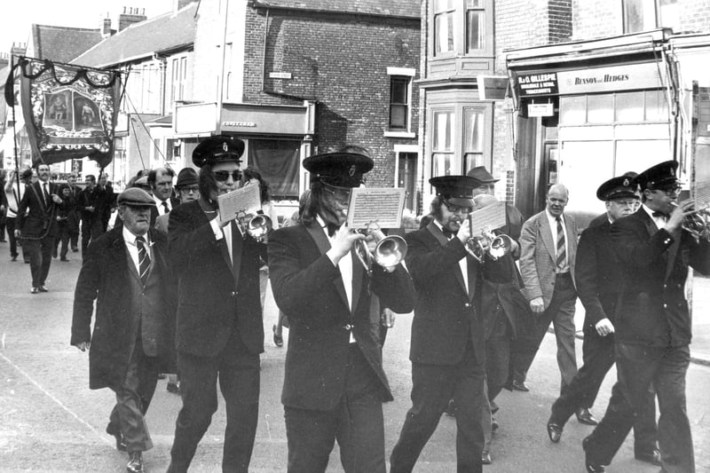 Bandsmen leading Westoe miners from their assembly point at the Armstrong Hall, South Shields for the gala in 1974.