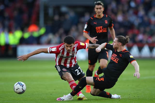 Morgan Gibbs-White went close for Sheffield United on several occasions against Blackpool: Simon Bellis/ Sportimage