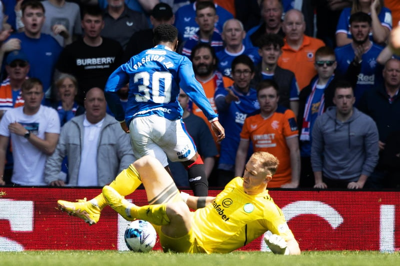Fashion Sakala goes round Celtic goalkeeper Joe Hart to put Rangers 3-0 up against their rivals.