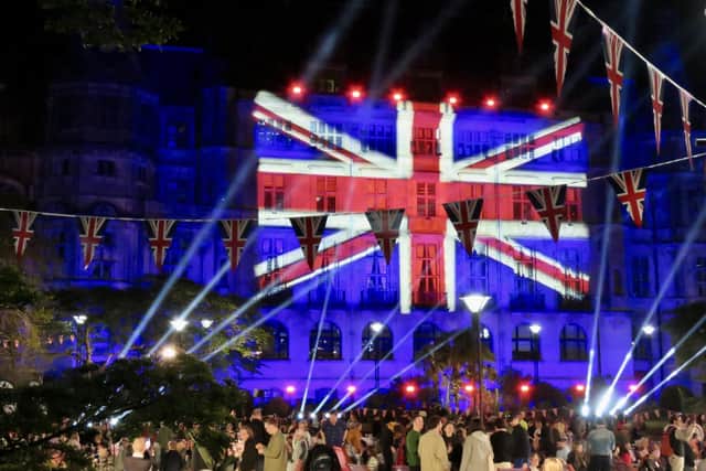 Sheffield Town Hall was lit up as part of coronation celebrations in the Peace Gardens. Pic by Steel City Snapper
