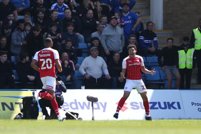 Rarmani Edmonds-Green of Rotherham United celebrates after scoring their team's first goal  during the Sky Bet League One match between Gillingham and Rotherham United at MEMS Priestfield Stadium on April 30, 2022 in Gillingham, England. Photo by Henry Browne/Getty Images.
