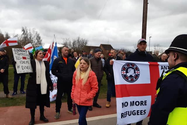 Police and protesters in Manvers, Rotherham, where anti-fascism protesters and anti-immigration demonstrators staged rival rallies on Saturday, February 18 near a hotel housing asylum seekers