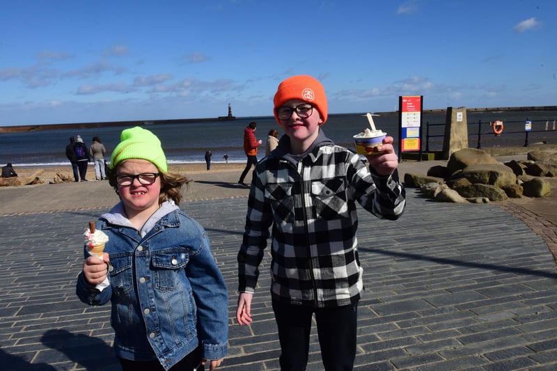 Seb and Finn Palmer, ages 7 and 9, of South Shields enjoy an ice cream at Roker. It's never too cold for an ice cream!