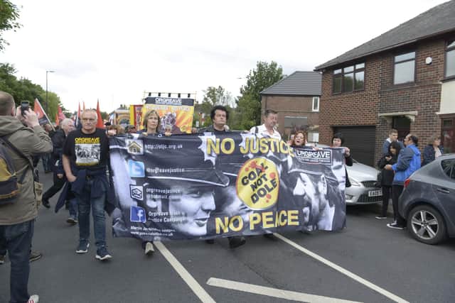 March to mark the 35th anniversary of the Battle of Orgreave during the miners strike. Orgreave Truth and Justice Campaign activist Mike McColgan has died, after a long illness.