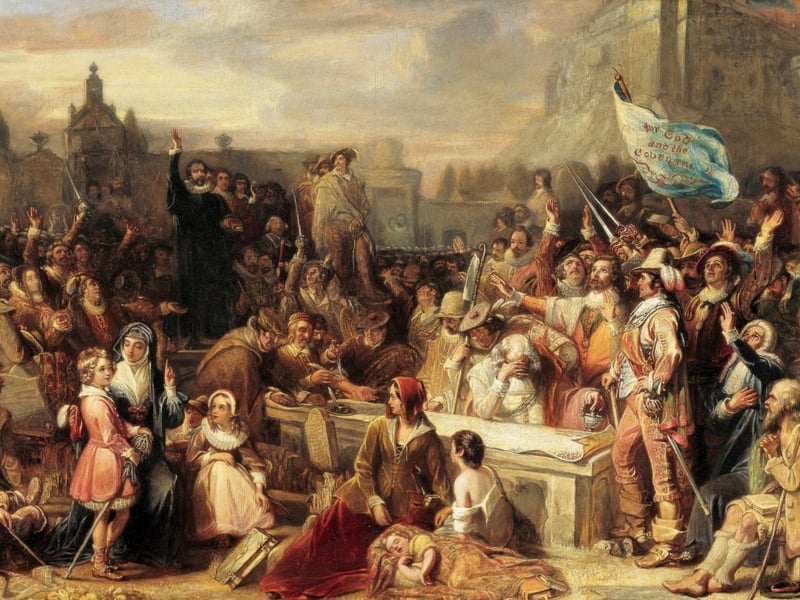 The Signing of the National Covenant in Greyfriars Kirkyard, Edinburgh c.1838
William Allan (1782–1850)
Oil on canvas
H 81.5 x W 130.2 cm
Museums & Galleries Edinburgh – City of Edinburgh Council