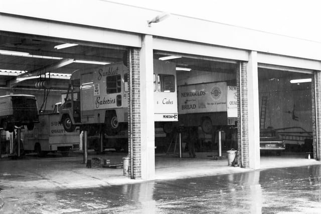 The garage at Newbould's Bakery, Penistone Road, April 7, 1967