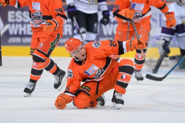 Brett Neumann celebrates a goal against Manchester Storm. Picture courtesy of Dean Woolley