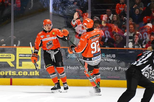 Marco Vallerand and Mitchell Balmas enjoy the moment v Coventry Pic Dean Woolley