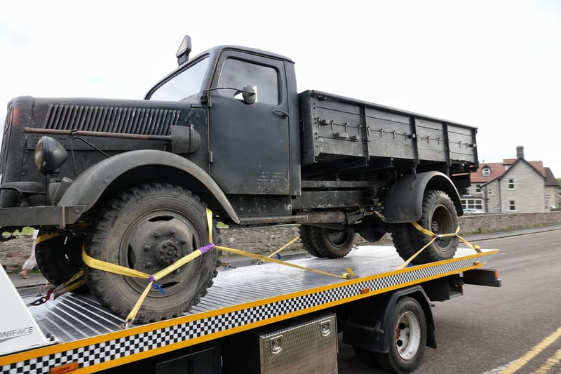 An old army-style truck is transported into Bamburgh Castle on Tuesday evening (June 8) ahead of filming the fifth Indiana Jones movie.