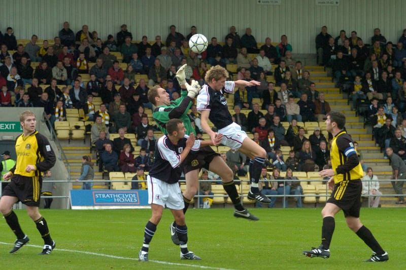 Challenging for the ball against Dumbarton in October 2005