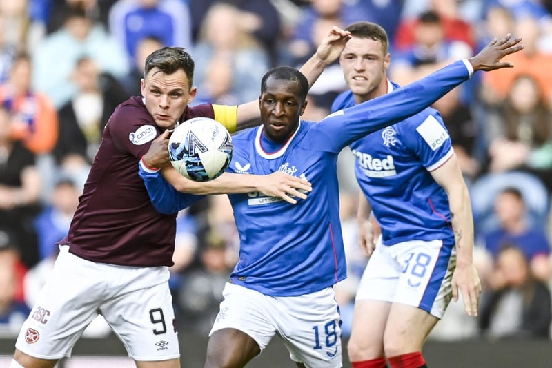 Rangers midfielder Glen Kamara holds off Hearts’ Shankland in an entertaining tussle as Leon King looks on.