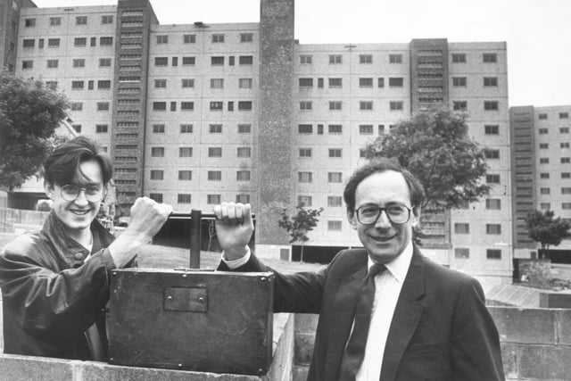 Malcolm Rifkind (Secretary of State) & Tommy Smith (Jazz Sax Player) help with the Wester Hailes high rise demolition. 11 June 1990.