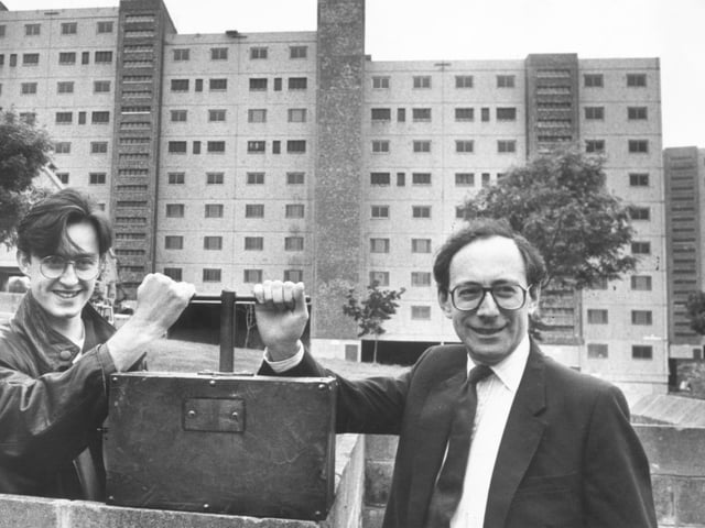 Malcolm Rifkind (Secretary of State) & Tommy Smith (Jazz Sax Player) help with the Wester Hailes high rise demolition. 11 June 1990.