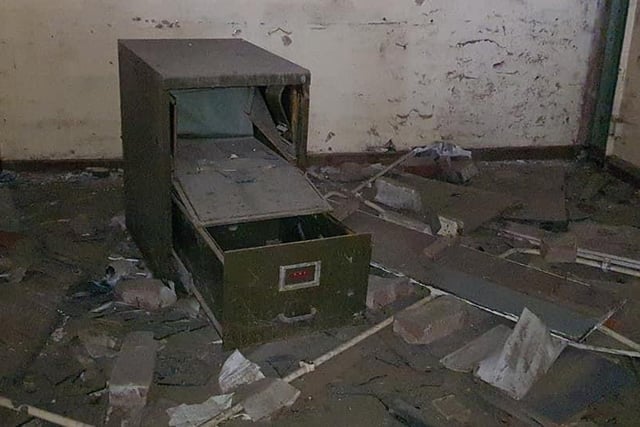 A broken filing cabinet inside the old Cannon Brewery building in Sheffield