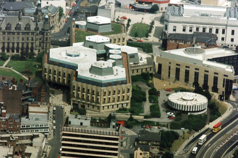 A bird's eye view of the 'Egg Box' Town Hall extension and the 'Wedding Cake' register office in the 1990s