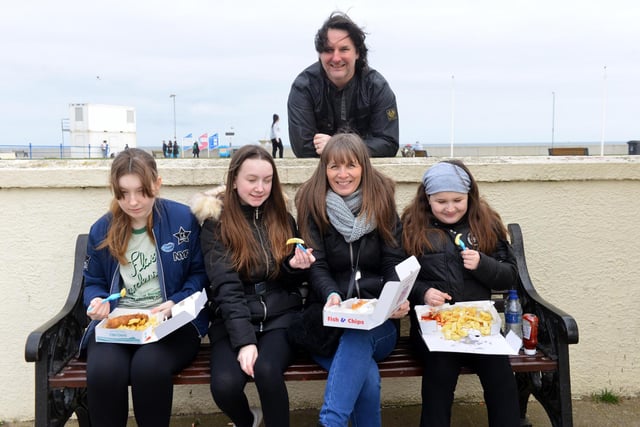 People were out in force for Good Friday fish and chips including Chris and Hannah Barlow at Seaton Carew with children from left Honour, 14, Imogen, 13 and Yasmin, 10.