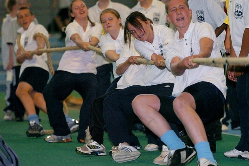 Pupils take the strain in the tug-of-war at the All Saints School sports day (June 2005)