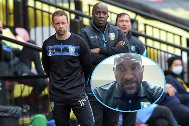 With the absence of Owls Manager Darren Moore in charge on the line Coaches Jamie Smith and Paul Williams Pic Steve Ellis