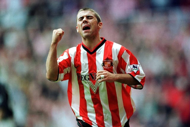 Kevin Phillips celebrates after scoring the second goal during the Sunderland v Derby County FA Carling Premiership match at the Stadium of Light.