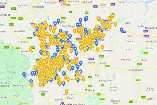 A map of South Yorkshire shows were stolen and uninsured cars were found by police officers in October
