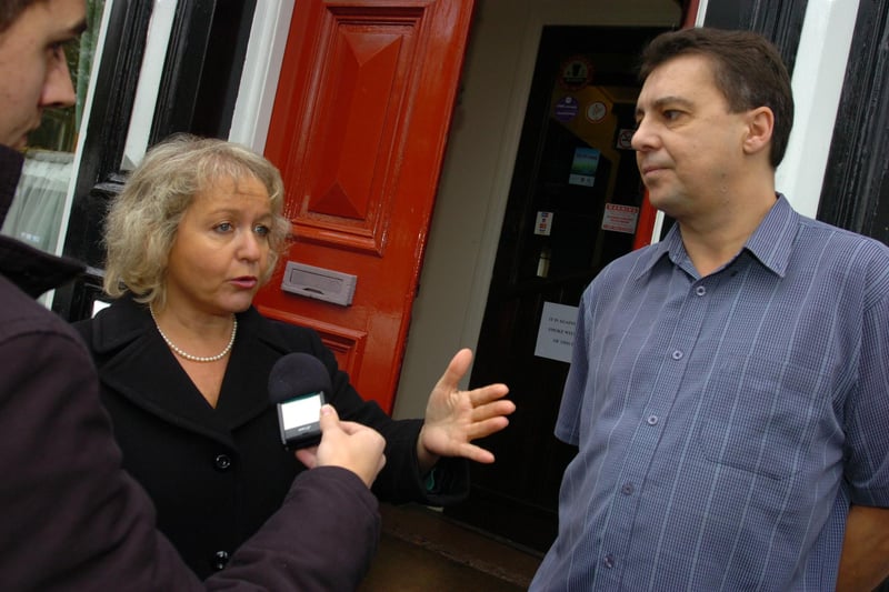 Transport minister and Doncaster MP Rosie Winterton visiting the flood-damaged Middlewood Road in 2007, which the Government pledged to help repair. She is seen here meeting pub landlord Roger Emmett