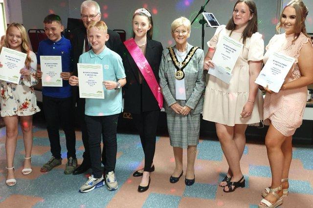 Cllr Dennis Loynes, Hartlepool Mayor Councillor Brenda Loynes and Miss Teen Hartlepool Chloe Roberts with the winners.