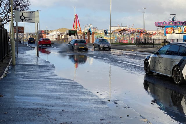 Water on the road in South Shields as Storm Arwen continues to hit.