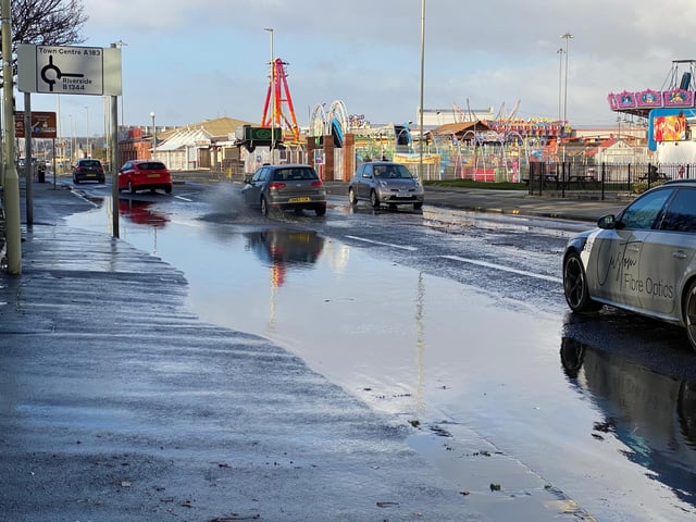 Water on the road in South Shields as Storm Arwen continues to hit.