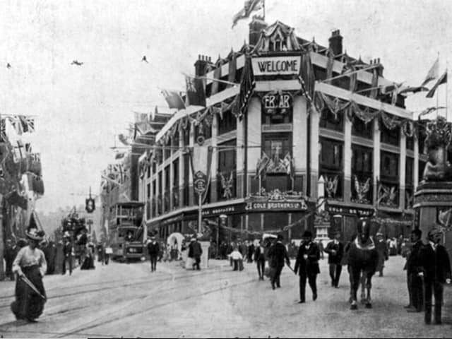 Cole Brothers department store, on Fargate, Sheffield city centre, decked out for the visit of King Edward VII and Queen Alexandra in 1905