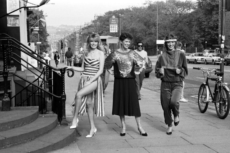 Three models from Jane Davidson's clothes shop in Thistle Street Edinburgh, with the latest fashions in September 1985.