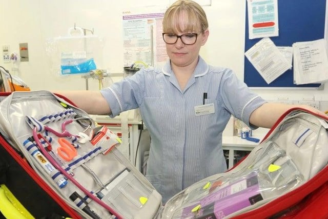 An A&E nurse at Chesterfield Royal on 2016 demonstrating an emergency response kit.