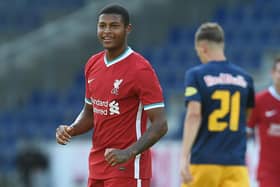 Rhian Brewster of Liverpool celabraters scoring the second goal during the pre-season friendly match between Liverpool and Salzburg at The Red Bull Stadium.