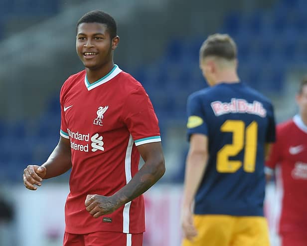 Rhian Brewster of Liverpool celabraters scoring the second goal during the pre-season friendly match between Liverpool and Salzburg at The Red Bull Stadium.