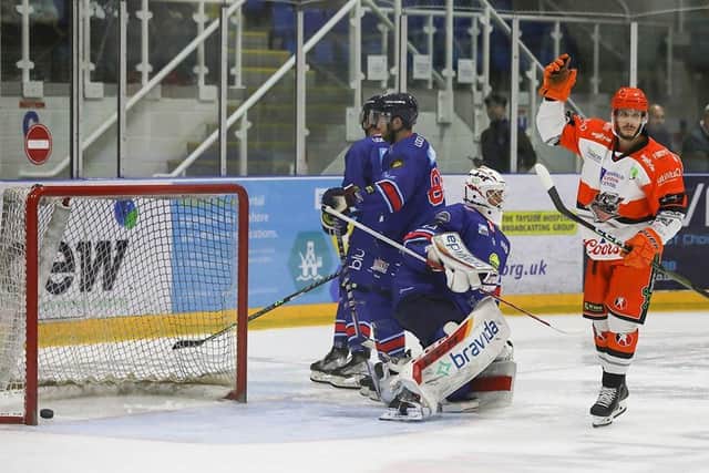 Sheffield Steelers' Martin Latal celebrates his first goal of season at Dundee Stars. Picture: Derek Black