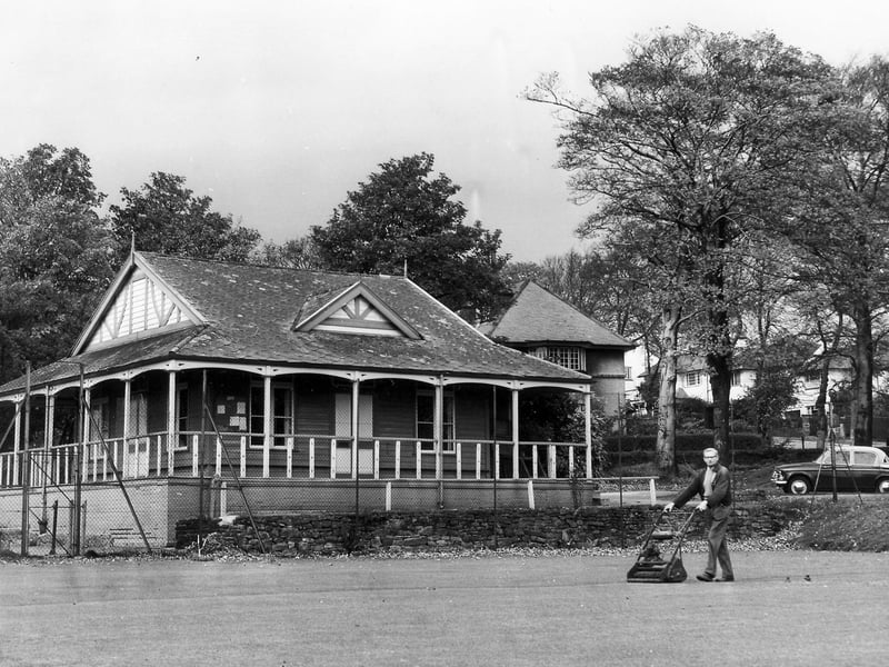 A groundsman cuts the grass at Fulwood Sports Club, October 1963