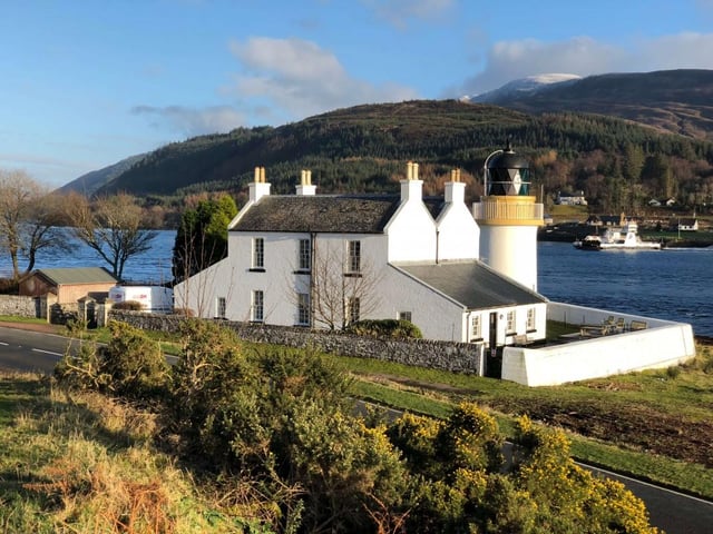 This impressive lighthouse comes with beach and mountain views near Ardgour in the western Highlands.