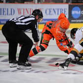 Sheffield Steelers' Brandon Whistle faces off against Nottingham Panthers.