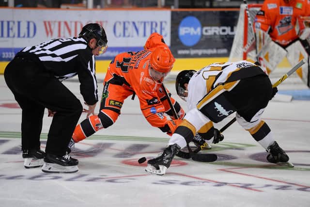 Sheffield Steelers' Brandon Whistle faces off against Nottingham Panthers.