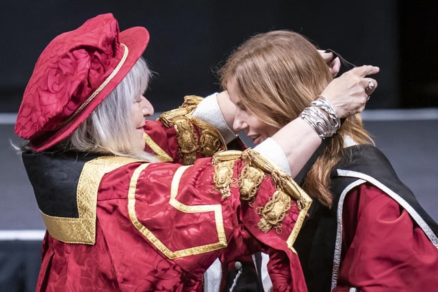 Chancellor of Sheffield Hallam University Baroness Helena Kennedy (left) presents Geri Halliwell-Horner (right) with an honorary doctorate from Sheffield Hallam University at Ponds Forge International Sports Centre in Sheffield. Picture date: Tuesday November 22, 2022.