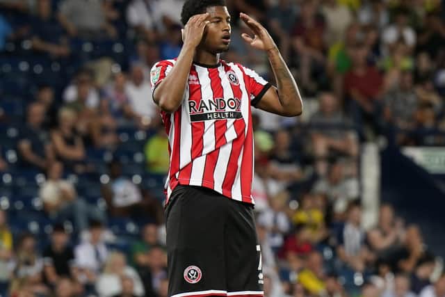 Rhian Brewster of Sheffield United reacts to a missed chance at West Brom: Andrew Yates / Sportimage
