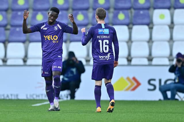 Beerschot's Isamaila Cheikh Coulibaly celebrates after scoring during a soccer match between Beerschot VA and KAA Gent, Sunday 10 January 2021 in Antwerp, on the advenced day thirty of the 'Jupiler Pro League' first division of the Belgian championship. BELGA PHOTO JOHAN EYCKENS (Photo by JOHAN EYCKENS/BELGA MAG/AFP via Getty Images)