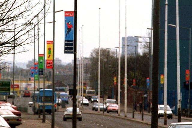 Euro 96 banners on lamp posts on Penistone Road, Sheffield. Photo: Chris Lawton