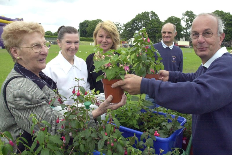 Sheffield Fuchsia and Greenhouse Society members Ken Lancaster helps Joyce Robinson,Jenny Topham and Pam Linley chose a Fuchsia in 2001