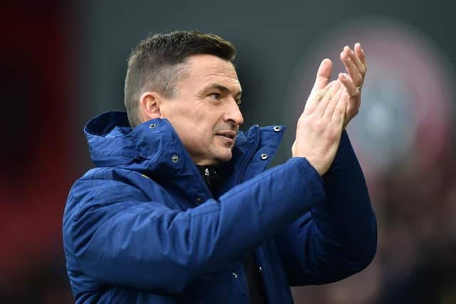 Paul Heckingbottom, manager of Sheffield United, applauds the fans prior to the Sky Bet Championship match against Bristol City: Nathan Stirk/Getty Images