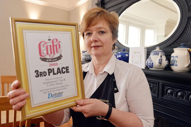 Derbyshire Times Cafe of the year 2018. 3rd place Claire with the certificate from Stephensons Tea & Coffee House