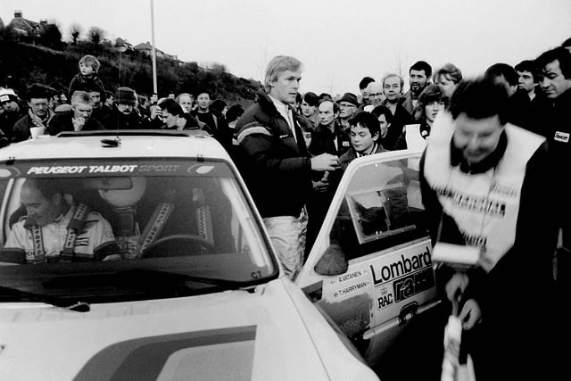 The Lombard RAC Rally arrives in Hawick, November 1984.