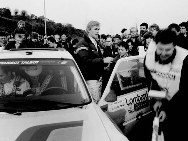 The Lombard RAC Rally arrives in Hawick, November 1984.
