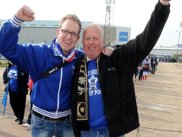 Kevin Jones and Keith Jones board the bus for Wembley at Fratton Park..