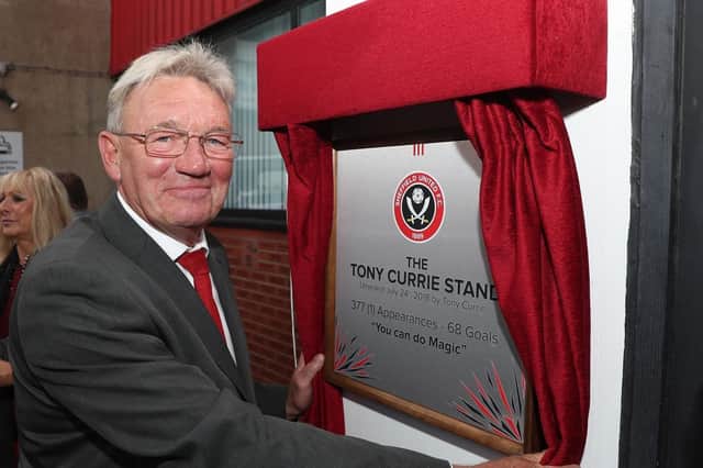 Tony Currie unveils a plaque on the South Stand, named in his honour 