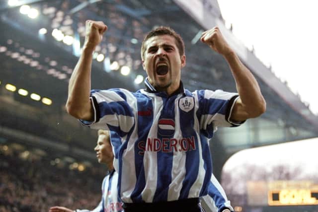 23 Jan 1999:  Emerson Thome of Sheffield Wednesday celebrates scoring during the FA Cup 4th Round match against Stockport in Sheffield, England. Credit: Craig Prentis
